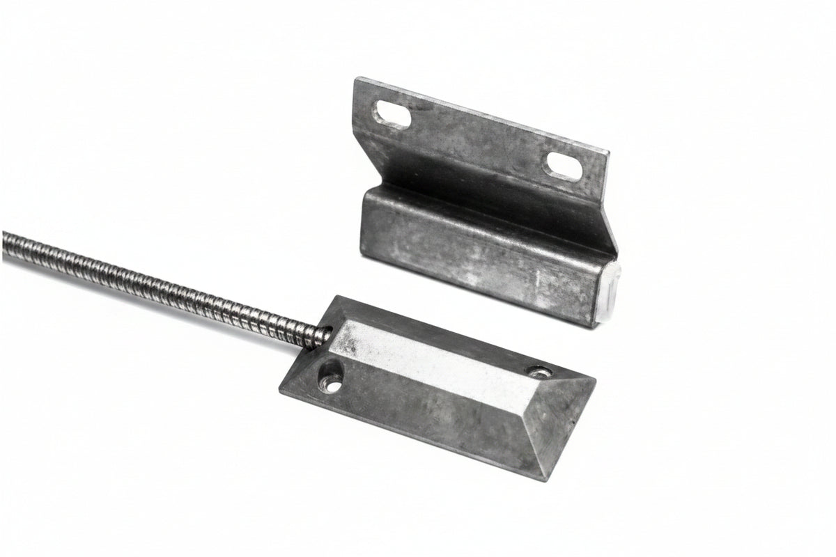 4532 Floor Mount Miniature Overhead Door Switch Set, 2-1/2" Gap, 10W, 200VDC, 0.50A, Closed Loop, N/O, and 24" Armored Cable, Aluminum
