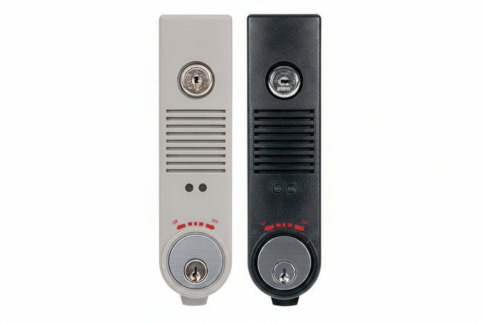 Detex EAX-500SKMC65 Battery Powered Exit Door Alarm with Cylinder Installed, Prepped for Wall Mounting, Includes Surface Magnetic Door Dontacts