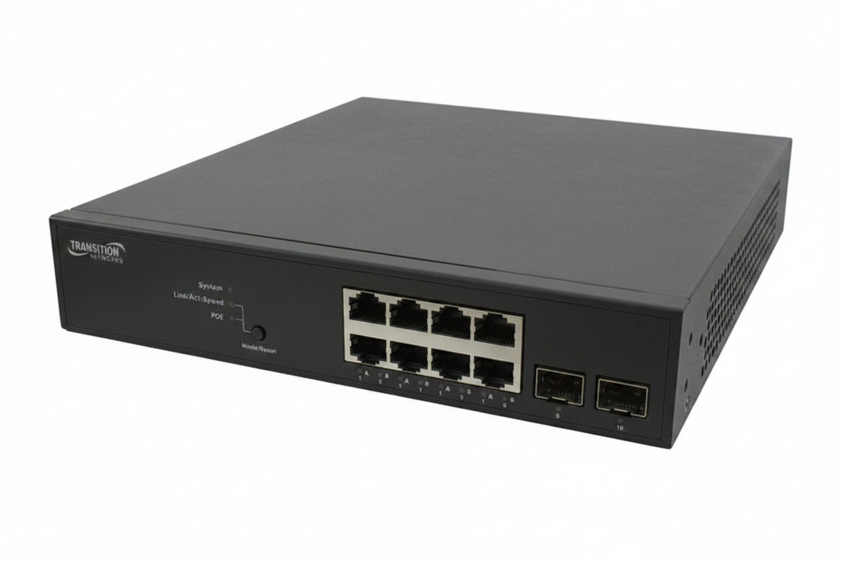 Lantronix SM8TAT2SA Smart Managed Gigabit Ethernet PoE+ Switch (8) 10/100/1000Base-T Ports (2) 100/1000Base-X SFP Slots