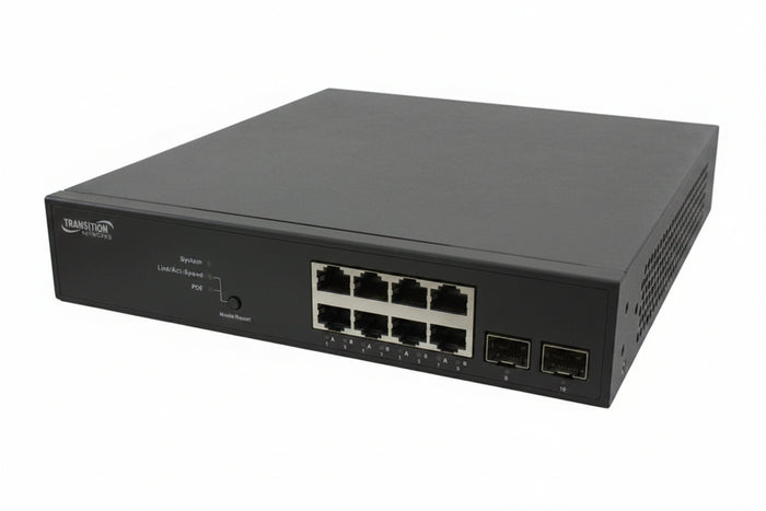Lantronix SM8TAT2SA Smart Managed Gigabit Ethernet PoE+ Switch (8) 10/100/1000Base-T Ports (2) 100/1000Base-X SFP Slots
