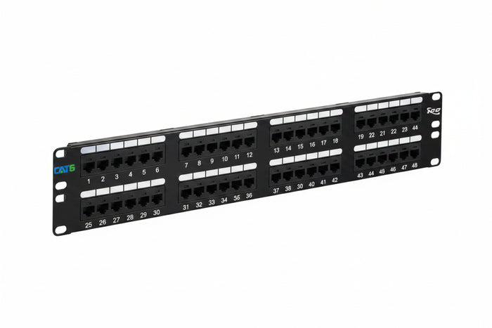 ICC ICMPP04860 48-Port Rackmount with CAT6 19" Network Patch Panel and Rear 110 IDC Terminal Blocks for Gigabit Network Switch, UL Listed, PoE Rated Gigabit Applications, 2U RS, Black