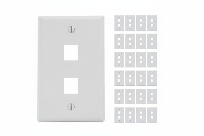 ICC IC107F2CWH 2-Port Keystone Wall Plate (25-Piece) and Single Gang Wall Plate for RJ45 Modular Jack / Inserts, UL Listed, Durable ABS Plastic, White