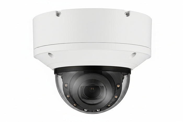 Hanwha XNV-9083R Series 8MP Outdoor IR Vandal Dome IP Camera, 4.4-9.3mm Motorized Varifocal Lens, White
