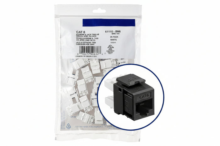 Leviton 61110-BE6 eXtreme CAT6 QuickPort Jack QuickPack, 25-Pack, Black