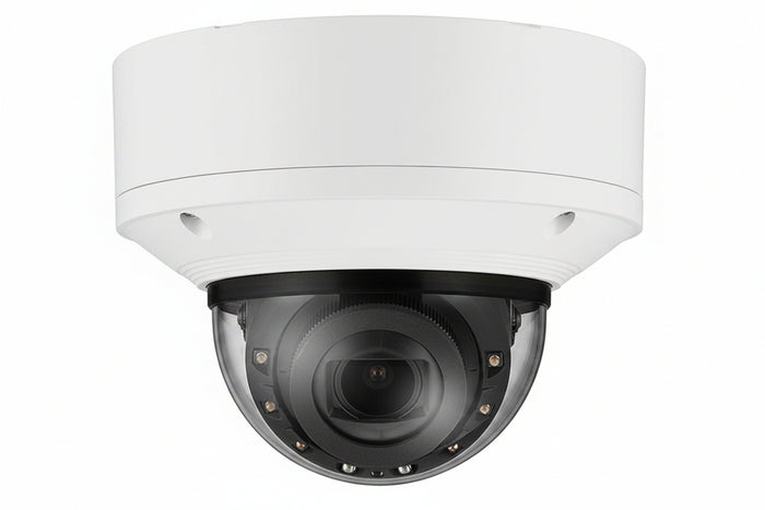 Hanwha XNV-9083R Series 8MP Outdoor IR Vandal Dome IP Camera, 4.4-9.3mm Motorized Varifocal Lens, White