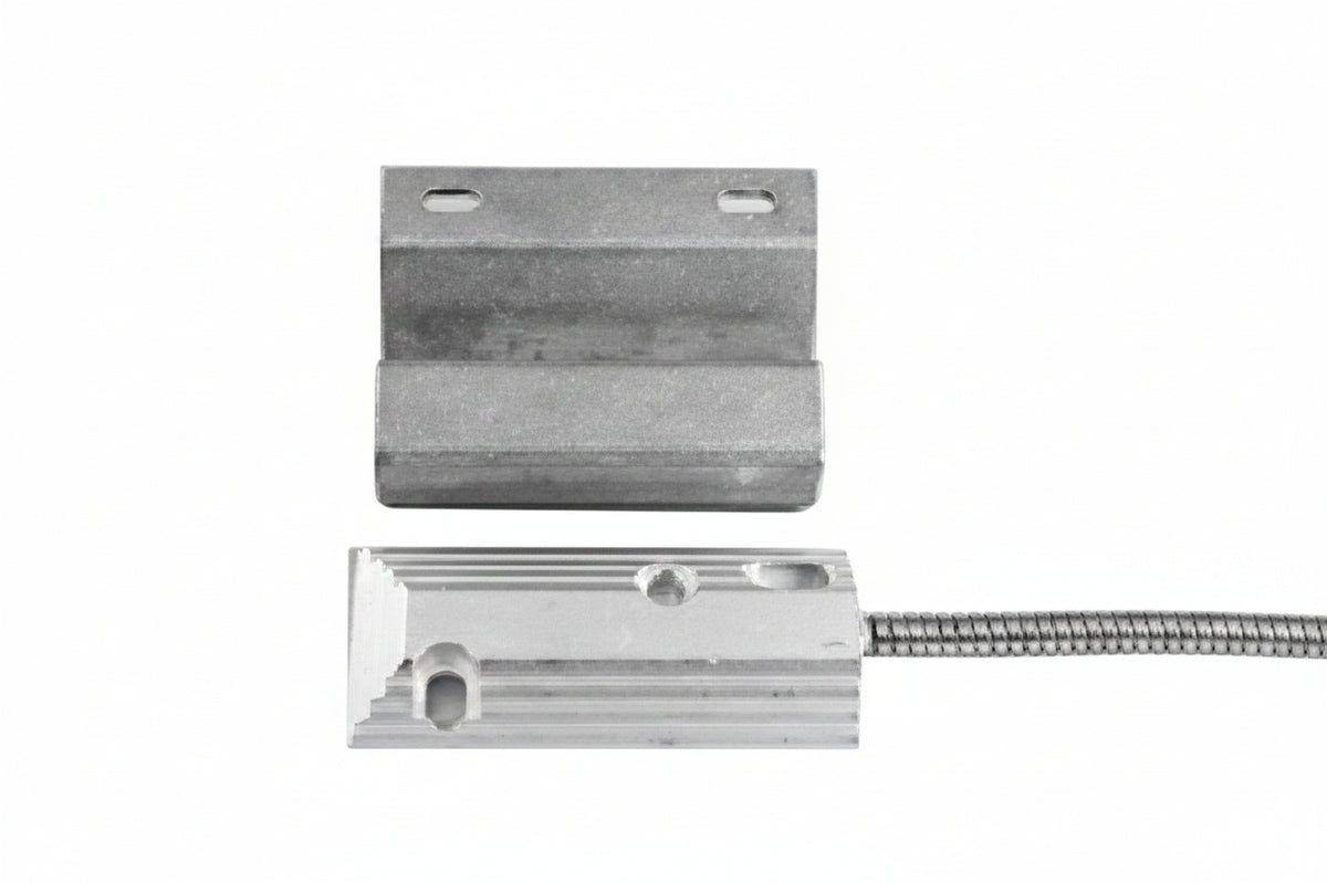 GRI 4532-36 4532 Series Floor Mount Miniature Overhead Door Switch Set, 2-1/2" Gap, 10W, 200VDC, 0.50 Amp, Closed Loop, N/O, with 36" Lead and 2' Stainless-Steel Armored Cable, Aluminum