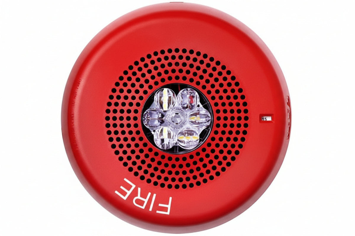 Eaton ELSPSTRC Wheelock Eluxa LED High Fidelity Speaker Strobe, Ceiling, FIRE Lettering, Clear Lens, 24VDC, 15/30/75/110/150/177 cd, Red