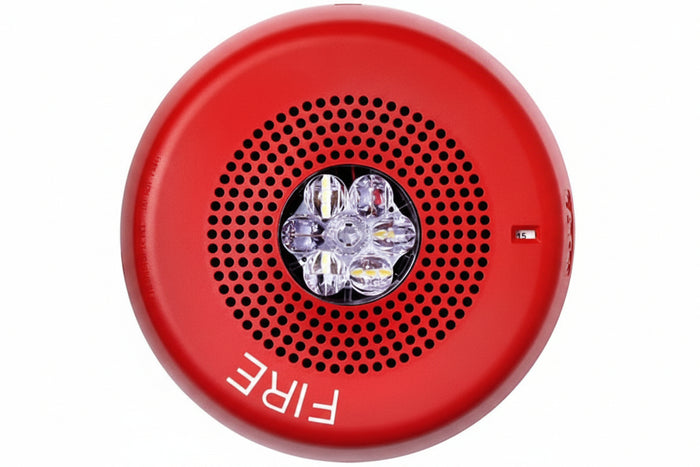 Eaton ELSPSTRC Wheelock Eluxa LED High Fidelity Speaker Strobe, Ceiling, FIRE Lettering, Clear Lens, 24VDC, 15/30/75/110/150/177 cd, Red